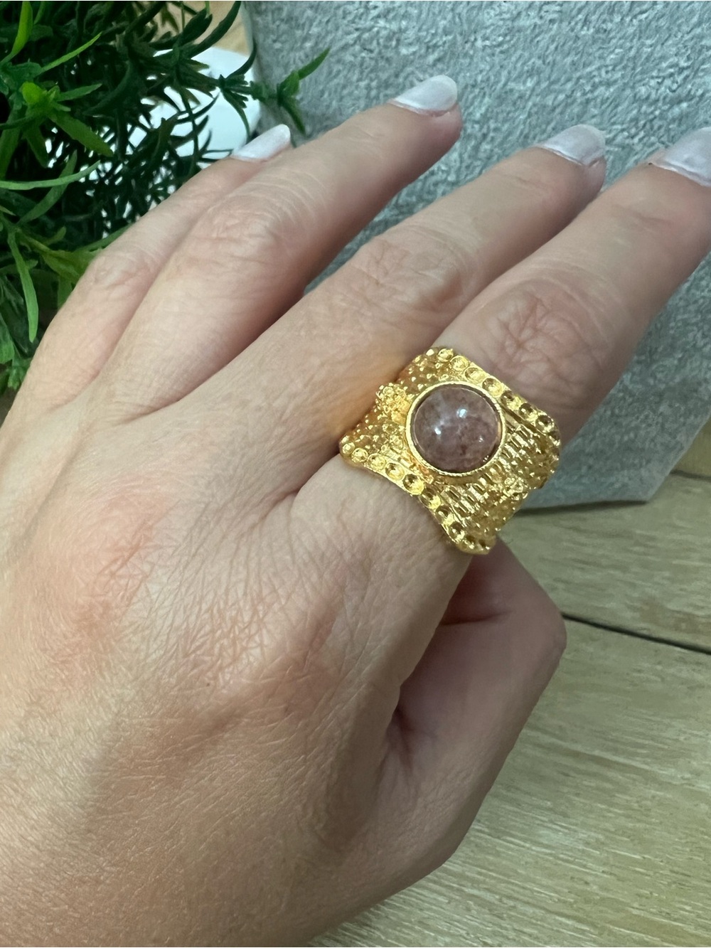 Gold Textured Statement Ring with Pink Lilac Gemstone